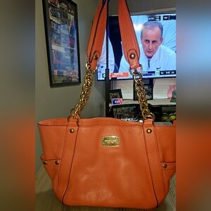 Authen. Michael Kors Delancey Tote Satchel W/gold chains leather In grapefruit